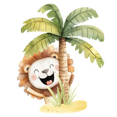 Watercolor cute lion hiding behind palm tree, smiling, tropical jungle animal illustration, adorable wildlife art for nursery, decor, print