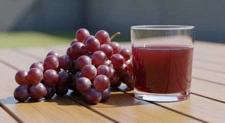 Fresh grapes and a glass of grape juice on a wooden surface, perfect for a refreshing drink.