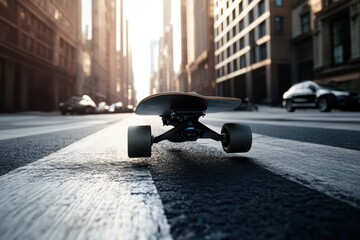 Skateboard cruising on an empty city street during sunset
