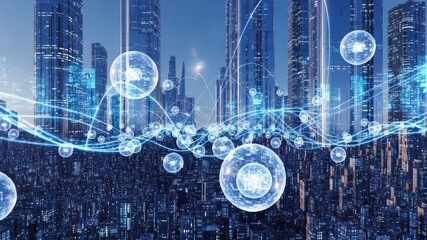 Futuristic cityscape with spherical elements and digital lines - Powered by Adobe