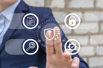 Man using virtual touch screen push icon: shield with exclamation. Cyber Security concept. Security...