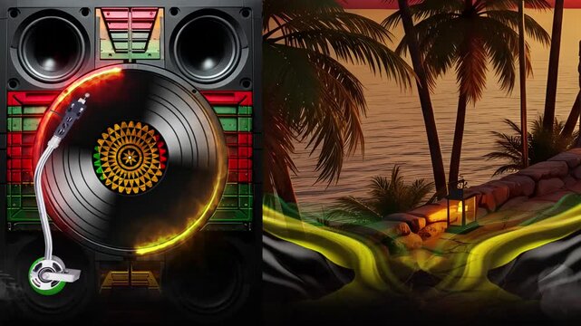 Reggae Party Club Scene, Flyer Background for Events and Sound Systems, Vinyl Record Style