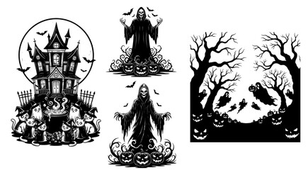 Grim Reaper Halloween Vector, Black and White Reaper Silhouette