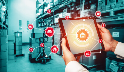 Smart warehouse management system with innovative internet of things technology to identify package picking and delivery . Future concept of supply chain and logistic network business .