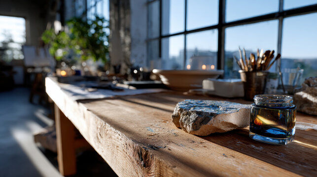 An artistic shot of an inviting workspace featuring natural rocks, jars, and brushes on a wooden table, emphasizing creativity and the environment of a studio.