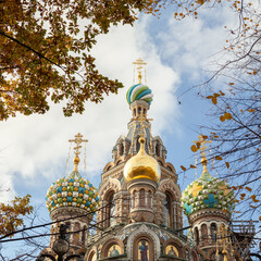 Vibrant domes of the Church of the Savior on Spilled Blood framed by autumn trees and blue sky.