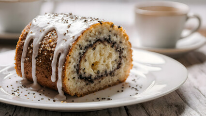 Artisan swiss roll with white glaze and chia seeds on white plate with coffee cup, homemade pastry dessert.
