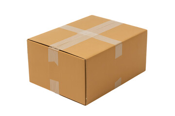 A closed cardboard box is sealed with tape and isolated on a white background.