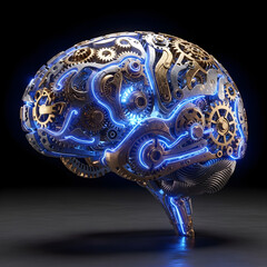 Futuristic mechanical brain with glowing circuits symbolizing artificial intelligence
