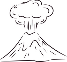 Black and white line drawing of erupting volcano with smoke plume eruption