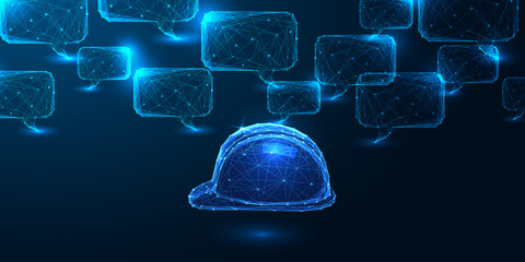 AI in construction and digital safety with glowing hard hat and networked communication bubbles