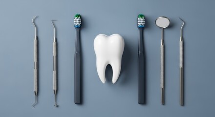 A conceptual arrangement of steel dental instruments and cleaning apparatus centered around a magnified molar tooth model.