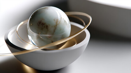 Presenting a stunning celestial sphere surrounded by graceful golden rings in a sleek white bowl, this image embodies harmony between cosmic concepts and modern design.