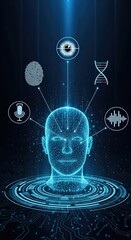 Human head glowing with unique biometric identification data connections. Facial, iris, fingerprint, voice, DNA scanning for secure personal verification in a futuristic digital world.