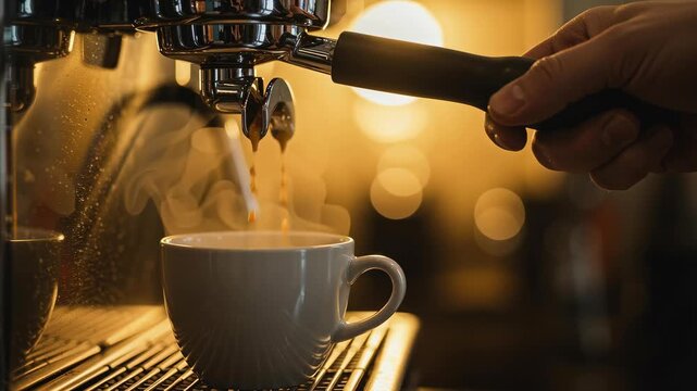 Man making coffee on espresso machine. Barista prepares hot drink in modern cafe or restaurant. Delicious morning beverage footage.
