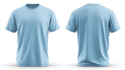 Light blue tshirt isolated on white background, front and back view