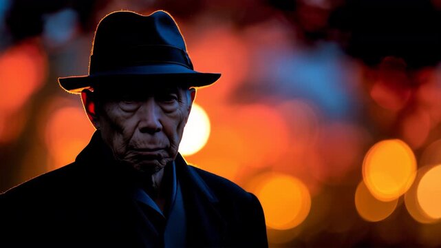 高齢男性が秋の夕暮れ玉ボケで横顔