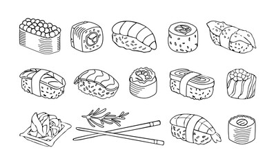 Hand drawn vector set of traditional Japanese sushi rolls, nigiri, and maki in clean black line art style, isolated on white background. Perfect for restaurant menu design, packaging, and branding.