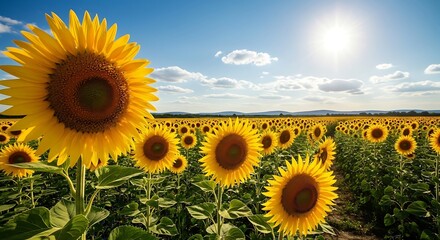 Golden Sunflowers Bathed in Brilliant Summer Sunlight Across a Sprawling Field, Offering a Picturesque and Cheerful Aesthetic Background