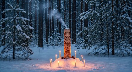 Ancient carved wooden idol stands majestically in a magical snowy winter forest. Warm illuminated candles glow, celebrating a mystical Yule tradition. Serene winter solstice ceremony.