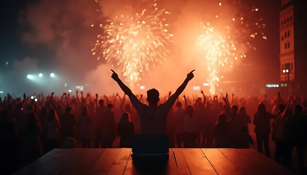 Silhouette of a person with arms raised in front of a crowd and fireworks
