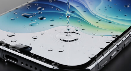 Water droplets falling on a smartphone screen with a colorful background reflecting on the surface