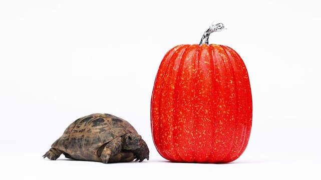 Close-up video of a Greek tortoise exploring and interacting with a small orange pumpkin on a clean white background. The minimalistic setup highlights the texture and natural colors of the tortoise, 