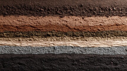 Close up of different layers of soil, earth, and ground in a cross section
