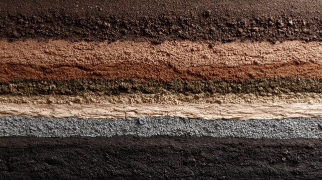Close up of different layers of soil, earth, and ground in a cross section