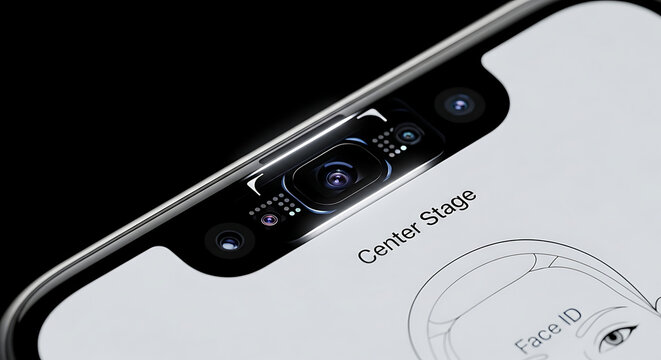 A close up view of a smartphone camera array with center stage and face id diagram on the screen