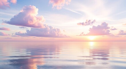 Aesthetic Background of a Serene Ocean Sunrise with Pastel Sky and Calm Water Reflections, Creating a Tranquil and Dreamy Natural Scenery