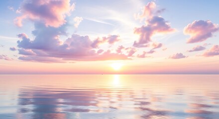 Mesmerizing ocean sunrise with soft pastel clouds reflecting on tranquil water, creating a beautiful and serene Aesthetic Background perfect for peaceful visual projects