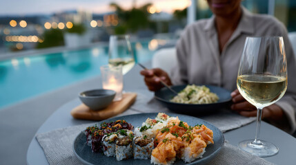 A delicious assortment of sushi presented on a stone plate beside a glimmering pool, creating an inviting ambiance for an ideal meal with friends or loved ones at sunset.
