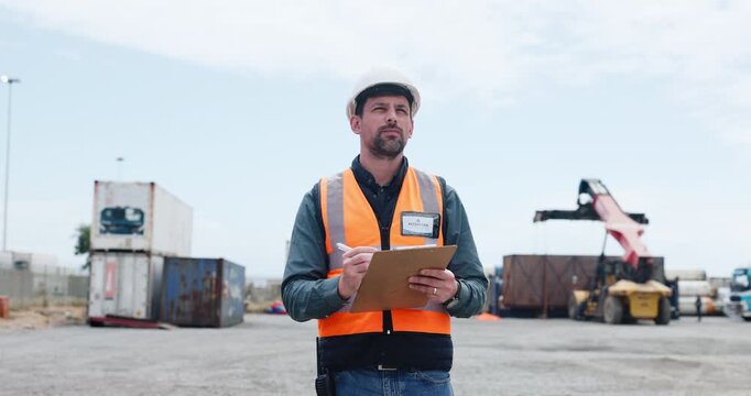 Engineer, construction site and man with clipboard for inspection, checklist and planning. Writing, outdoor and person with documents for building project, compliance survey and infrastructure review