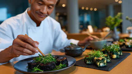 A dedicated sushi chef meticulously prepares an exquisite sushi dish, highlighting the artistry in food preparation and the vibrant colors of fresh ingredients.