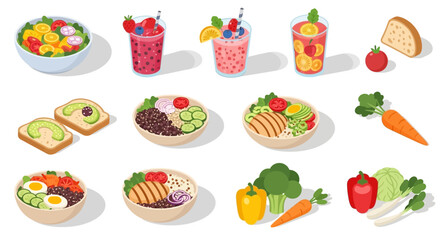 Isometric drinks: cocktails, wine, beer, juice, in glasses and mugs.