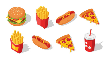 Isometric fast food icons including burger, fries, hot dogs, pizza and soda.