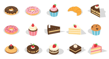Isometric sweets: donuts, cupcakes, croissant, cake, muffin, and other pastries.