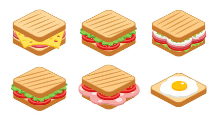 Isometric sandwiches with various fillings, including cheese, lettuce, tomato, and egg.