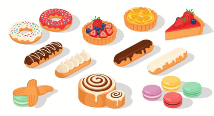 Assorted pastries including donuts, tarts, eclairs, cinnamon rolls, and macarons.