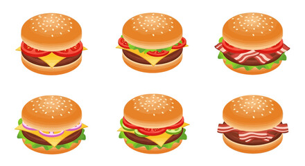 Isometric burgers with various toppings, including cheese, tomato, lettuce, bacon, and onion.