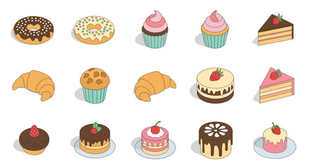 Isometric vector illustration of various pastries, including donuts, cupcakes, croissants, muffins, and cakes.