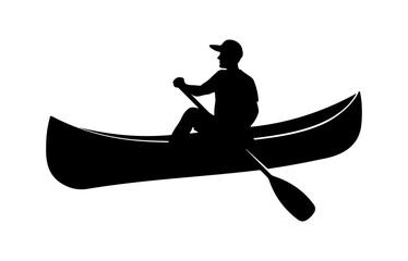 Black silhouette man with a paddle on a boat or canoe without background