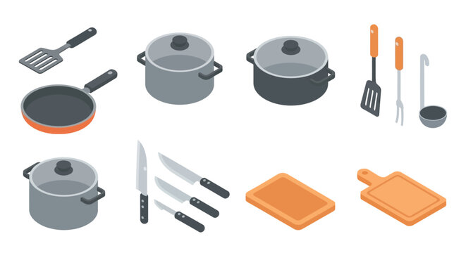 Isometric kitchenware set: pans, pots, knives, cutting boards, and utensils.
