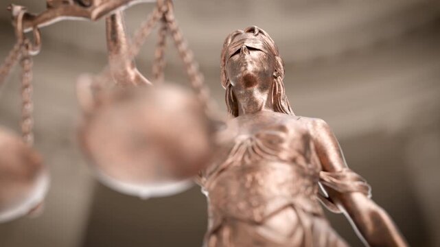 Slow Upward Crane Movement of Lady Justice Statue In A Courthouse Building.