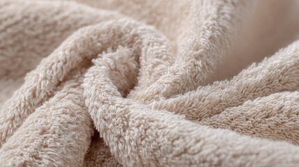 Closeup of a soft beige towel with a plush texture and gentle folds