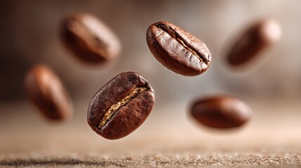 Close up of coffee bean falling in the air with a brown background