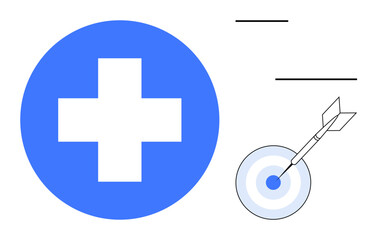 Blue medical cross beside a bullseye target hit by an arrow, signifying accuracy and focus in healthcare. Ideal for health, precision, success, goals, achievement, strategy and planning. A simple