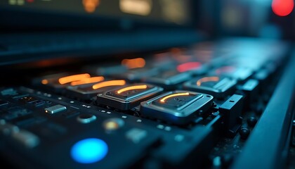 Close up of illuminated buttons on a professional audio mixing console