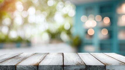 Wooden table top with blur light bokeh in green garden background